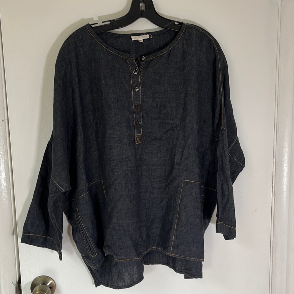 Eileen Fisher Medium Oversized Linen 3/4 sleeve top dark navy blue